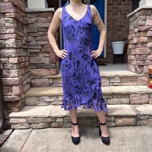 NEW VTG 90s Y2K Bias Cut Silk Burnout Purple Black Floral Beaded Dress & Scarf
